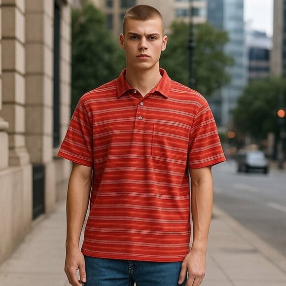 Abercrombie & Fitch Large 90s Y2K Red Yellow White SS Striped Polo Preppy Grunge - Picture 1 of 6